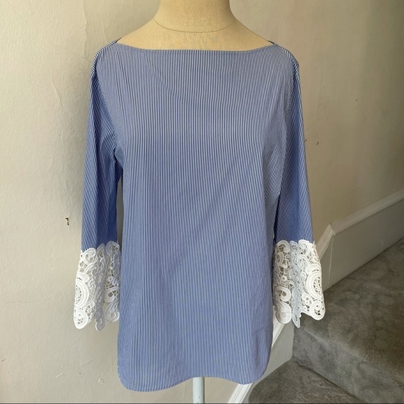 ZARA Pinstripe Crochet Lace Guipure Sleeve Blouse - Picture 4 of 10